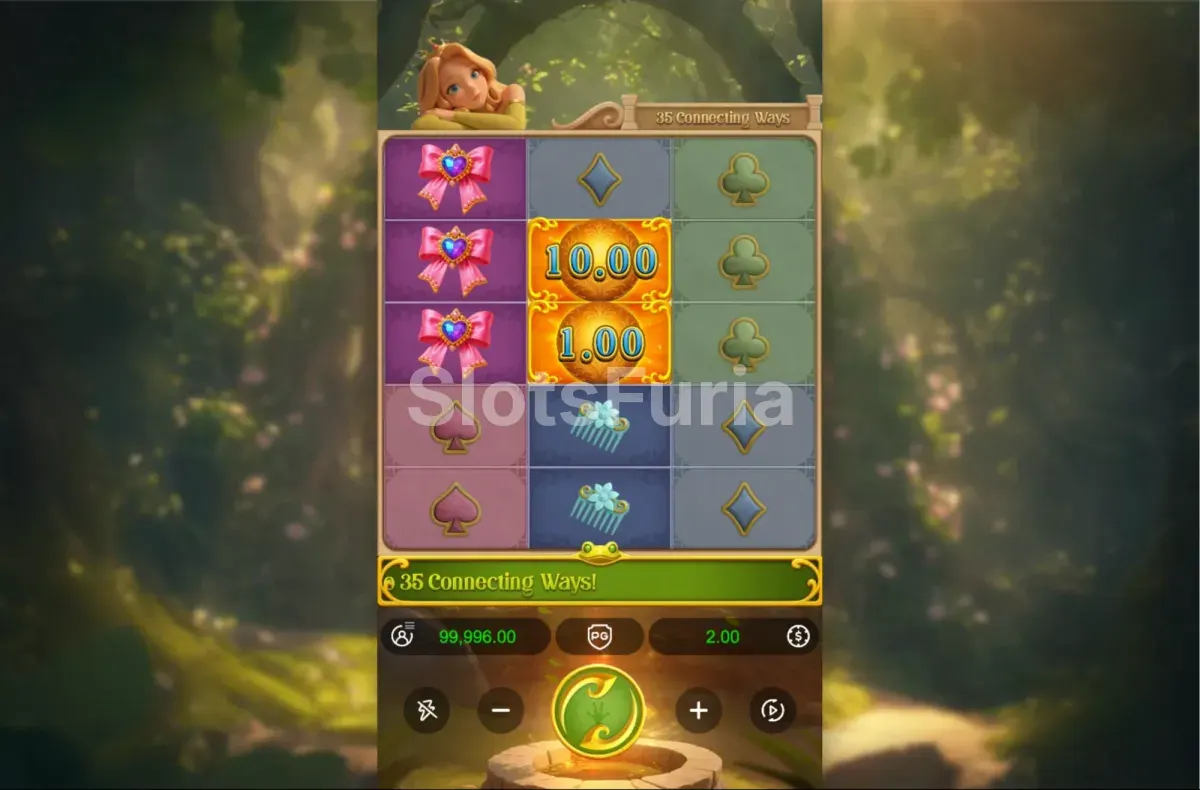 Segunda vista del juego base de Grimms Bounty Princess & the Frog con símbolos de corona y joyas