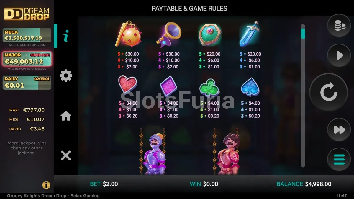 Tabla de pagos de Groovy Knights Dream Drop con símbolos medievales disco