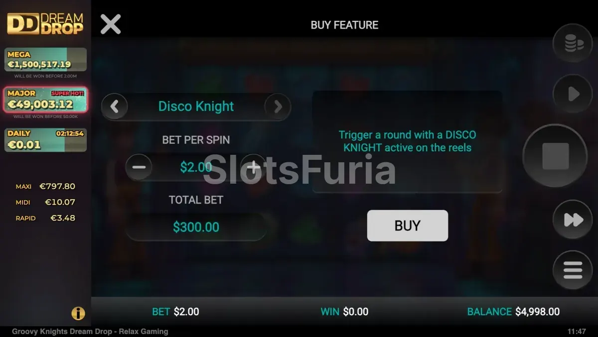 Pantalla de compra de bonus en Groovy Knights Dream Drop