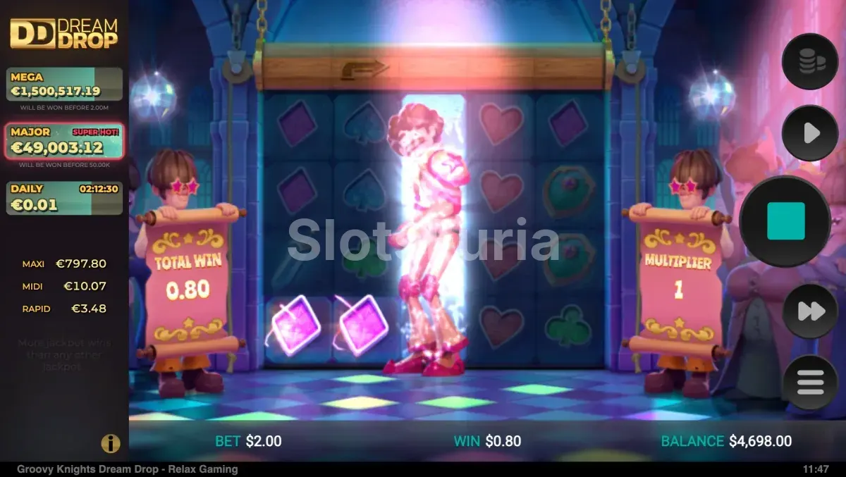 Función de giros gratis activada en Groovy Knights Dream Drop