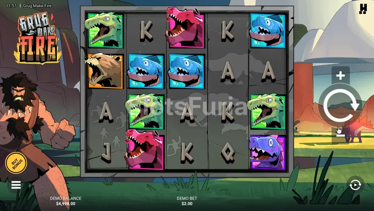Pantalla principal del juego Grug Make Fire con cuadrícula 5x4