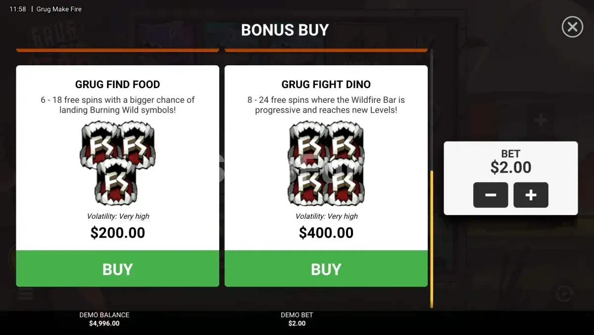 Menú de compra de bonus de la tragamonedas Grug Make Fire