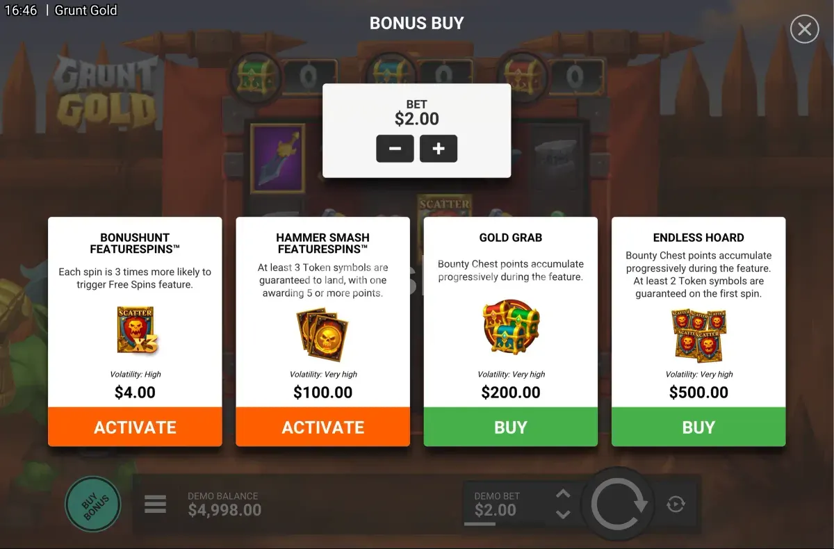 Pantalla de compra de bonus en Grunt Gold