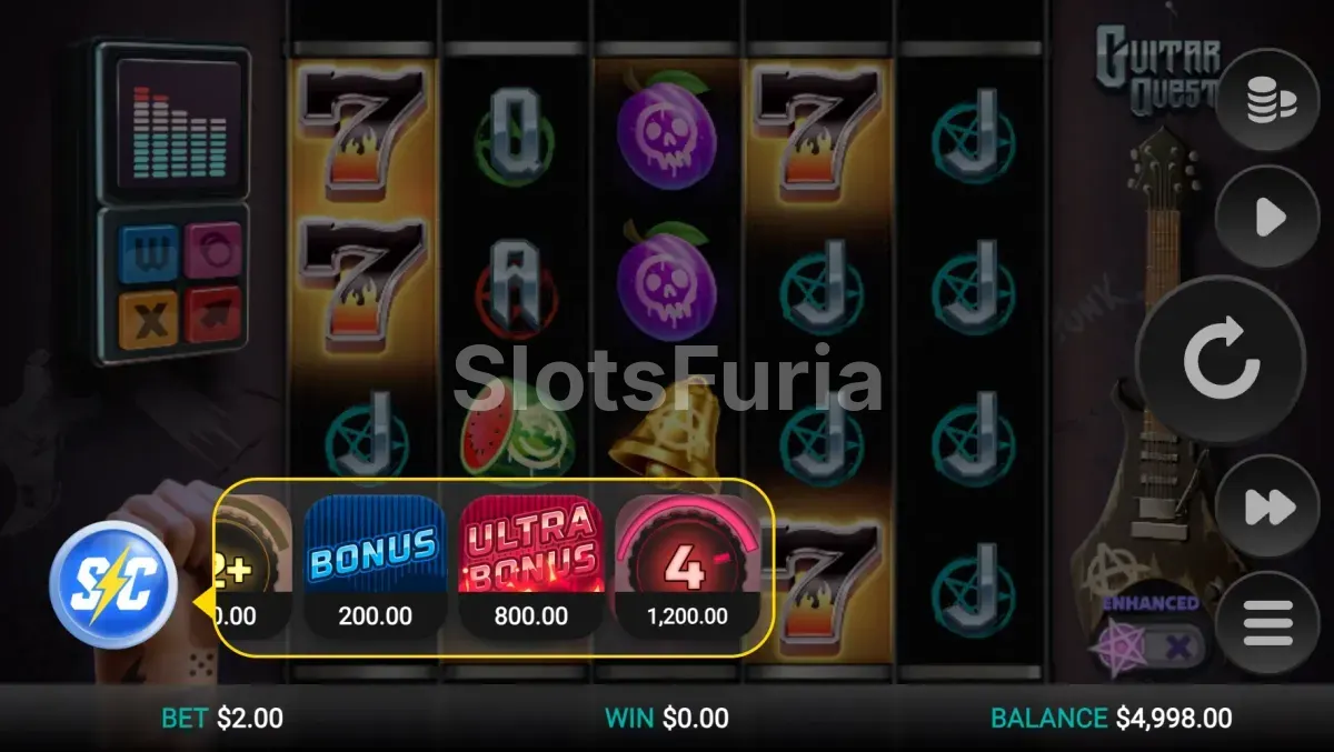 Menú de compra de bonus en Guitar Quest con todas las opciones disponibles