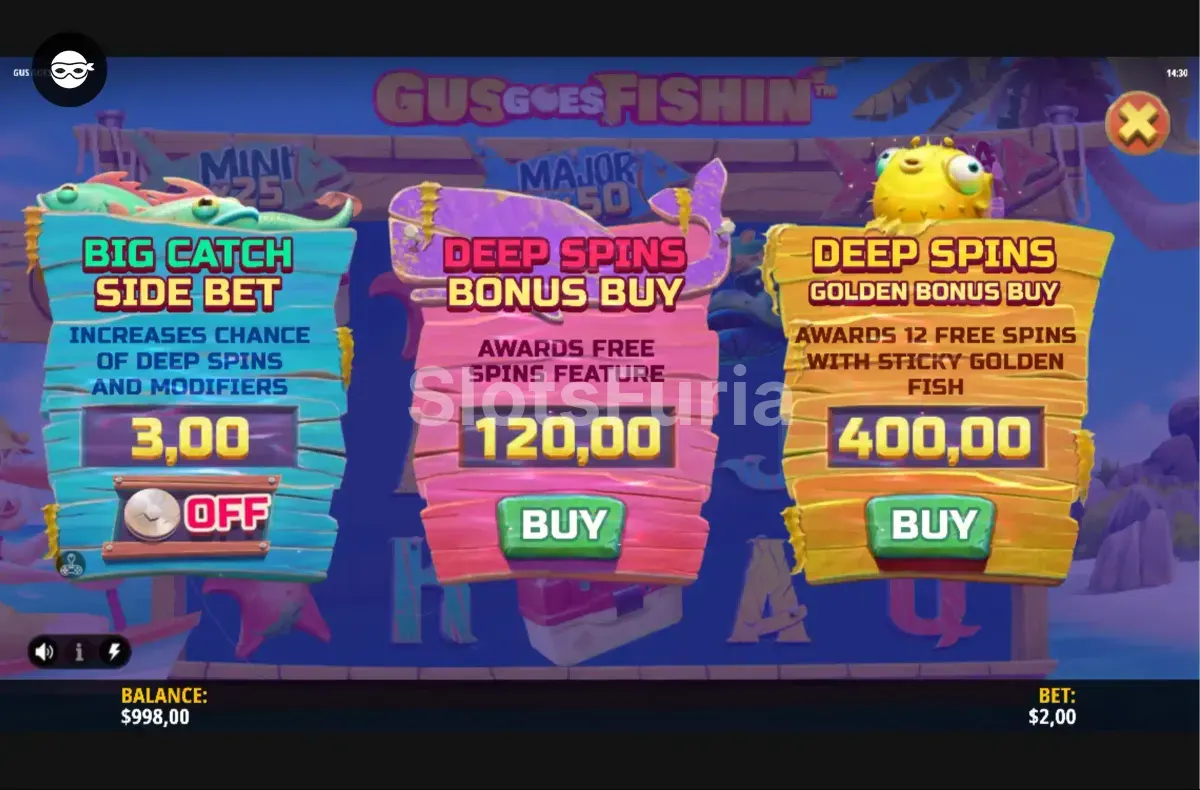 Pantalla de compra de bonos en Gus Goes Fishin' de iSoftBet
