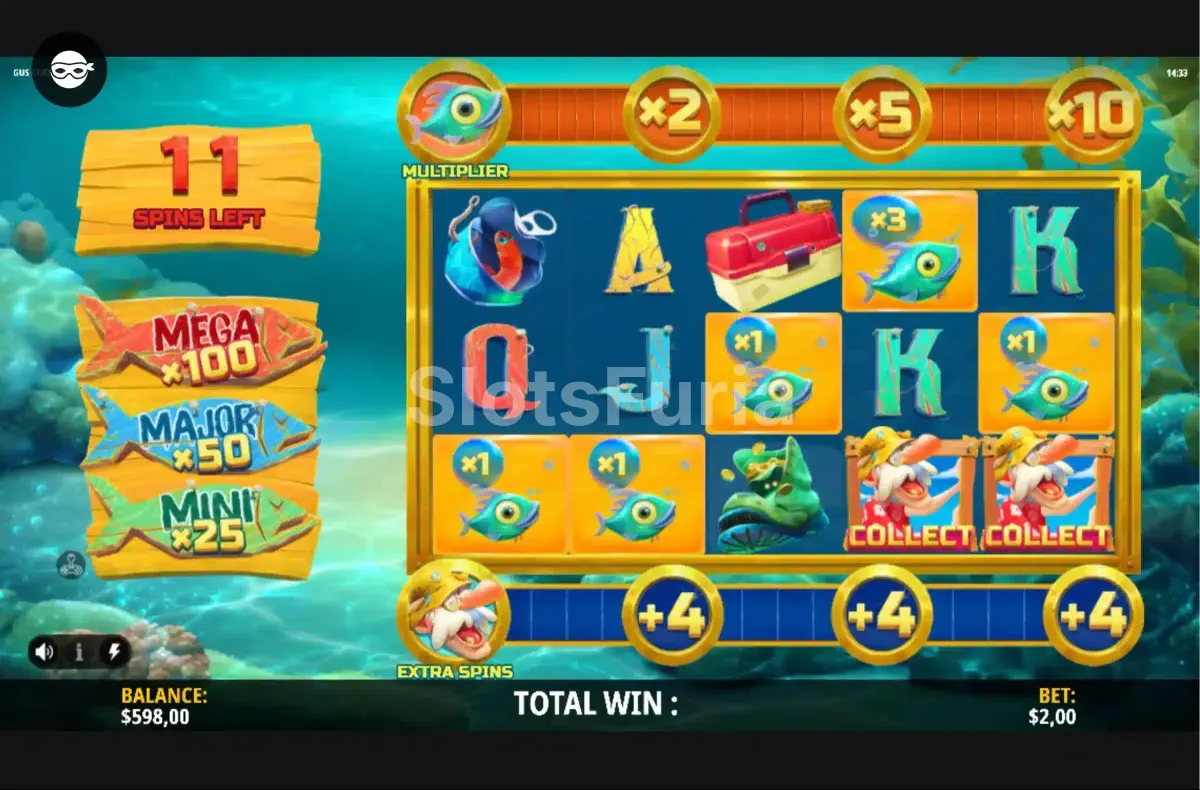 Ronda de giros gratis activada en Gus Goes Fishin'