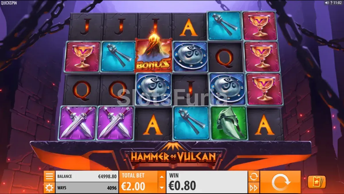 Pantalla principal del juego Hammer Of Vulcan con los seis rodillos en acción