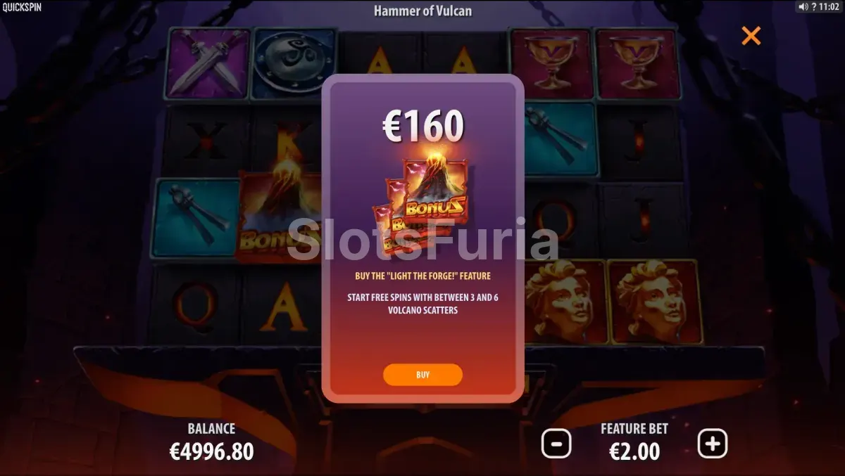 Función de compra de bonos en Hammer Of Vulcan para acceder directamente a los giros gratis