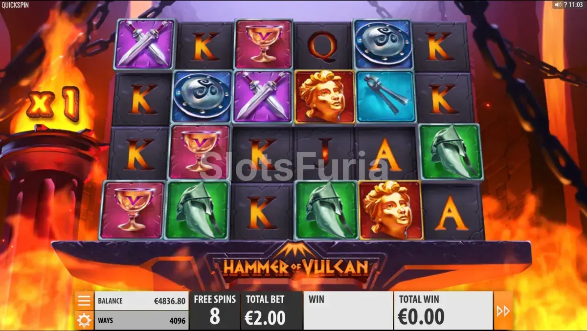 Ronda de giros gratis de Hammer Of Vulcan con multiplicadores activos en los rodillos