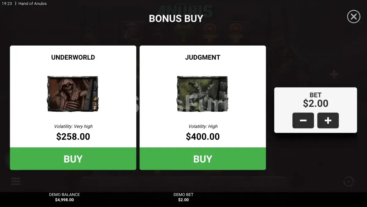Menú de compra de Hand of Anubis, tragamonedas de Hacksaw Gaming