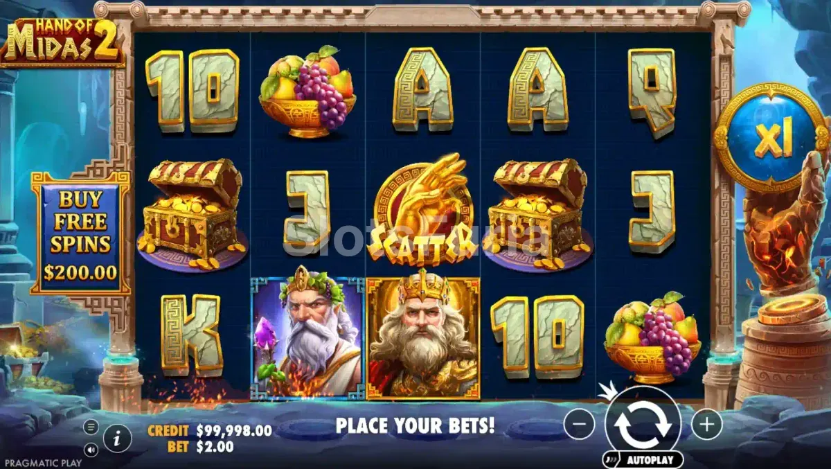 Pantalla principal del juego Hand of Midas 2 con sus rodillos dorados
