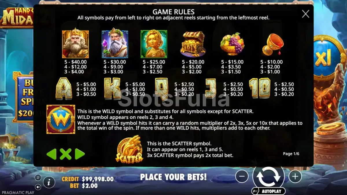 Tabla de pagos de Hand of Midas 2 con todos los símbolos y valores