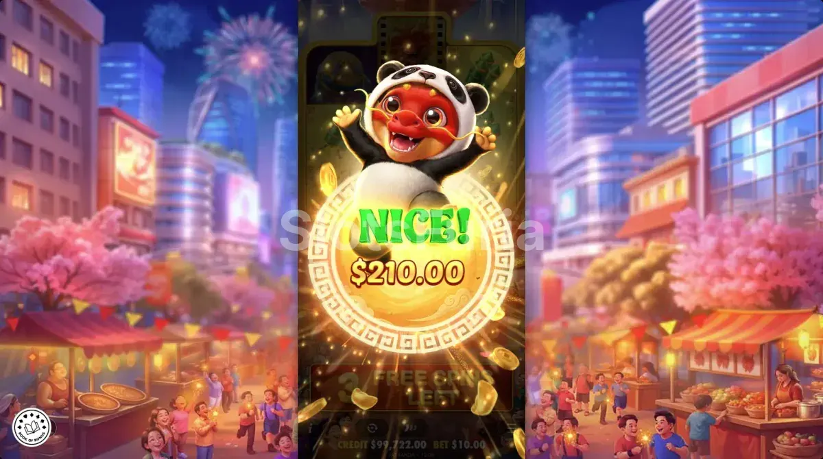 Pantalla de gran victoria en Happy Dragon con pago máximo destacado