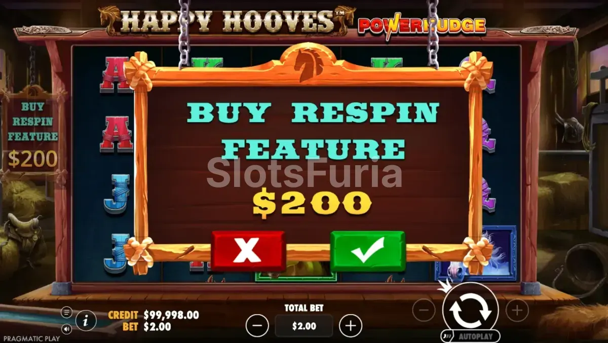 Pantalla de compra de bonus en Happy Hooves de Pragmatic Play