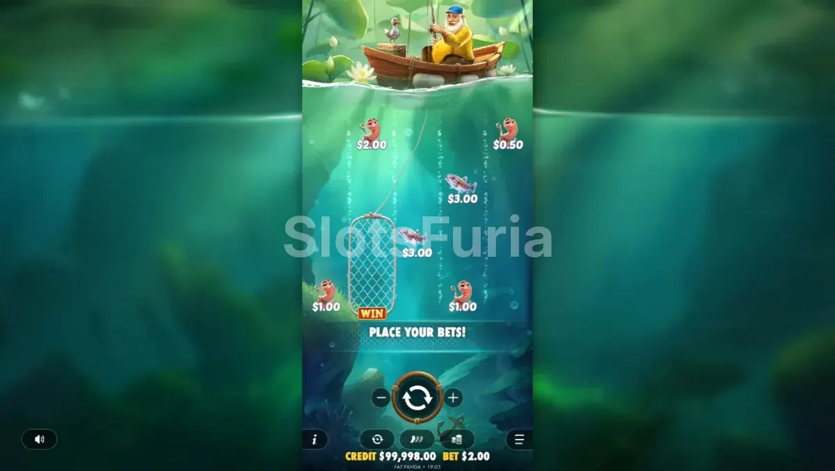 Pantalla principal del juego Happy Nets con la red del pescador en acción