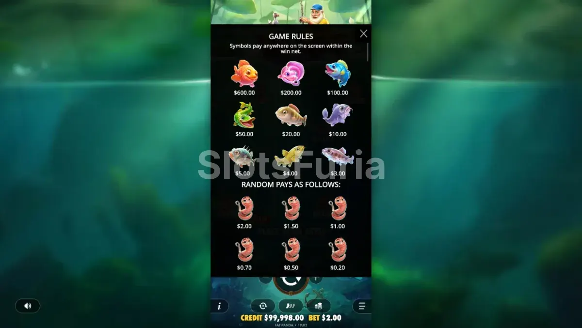 Tabla de pagos de Happy Nets con los valores y premios del juego