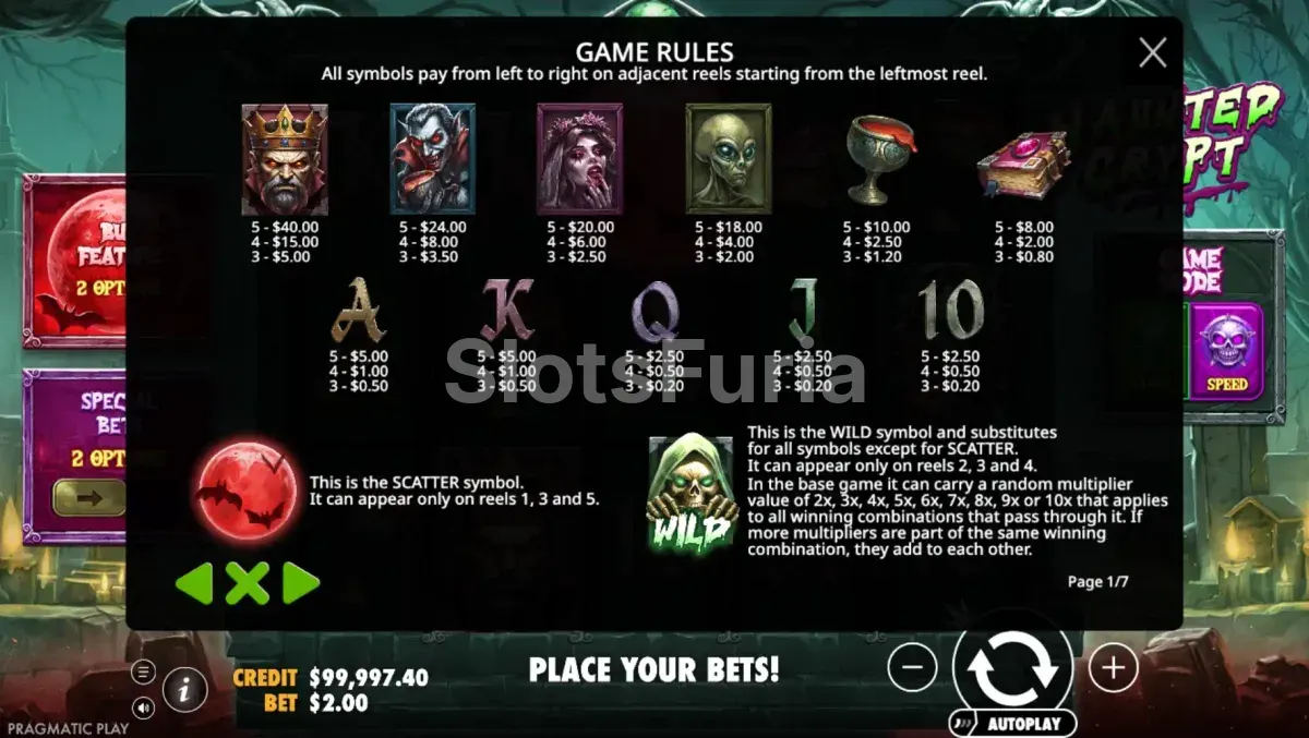Tabla de pagos de Haunted Crypt con los valores de cada símbolo