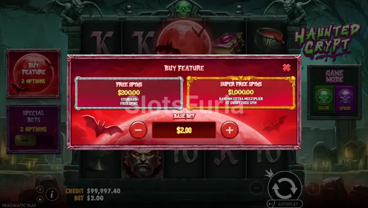 Pantalla de compra de bono de Haunted Crypt con las opciones de 100x y 500x