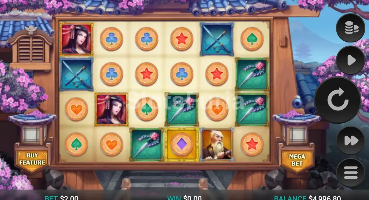 Base game de Hazakura Ways con la cuadrícula de 6 carretes