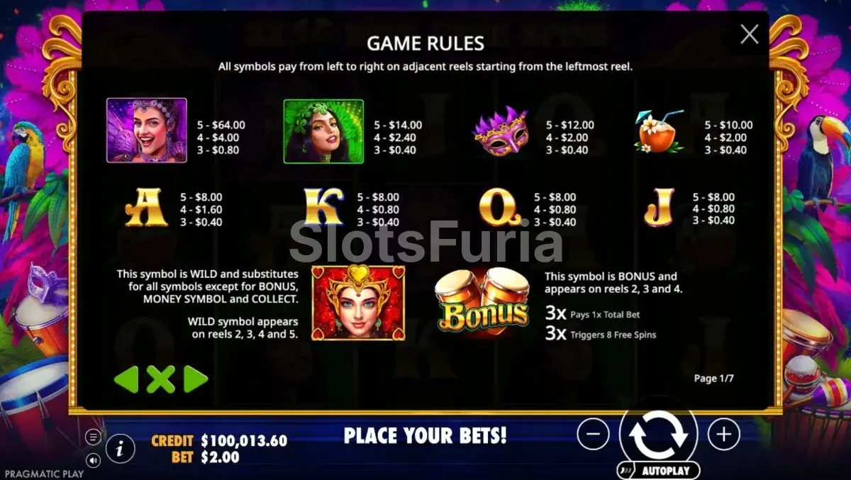 Tabla de pagos de Heart of Rio con los símbolos premium