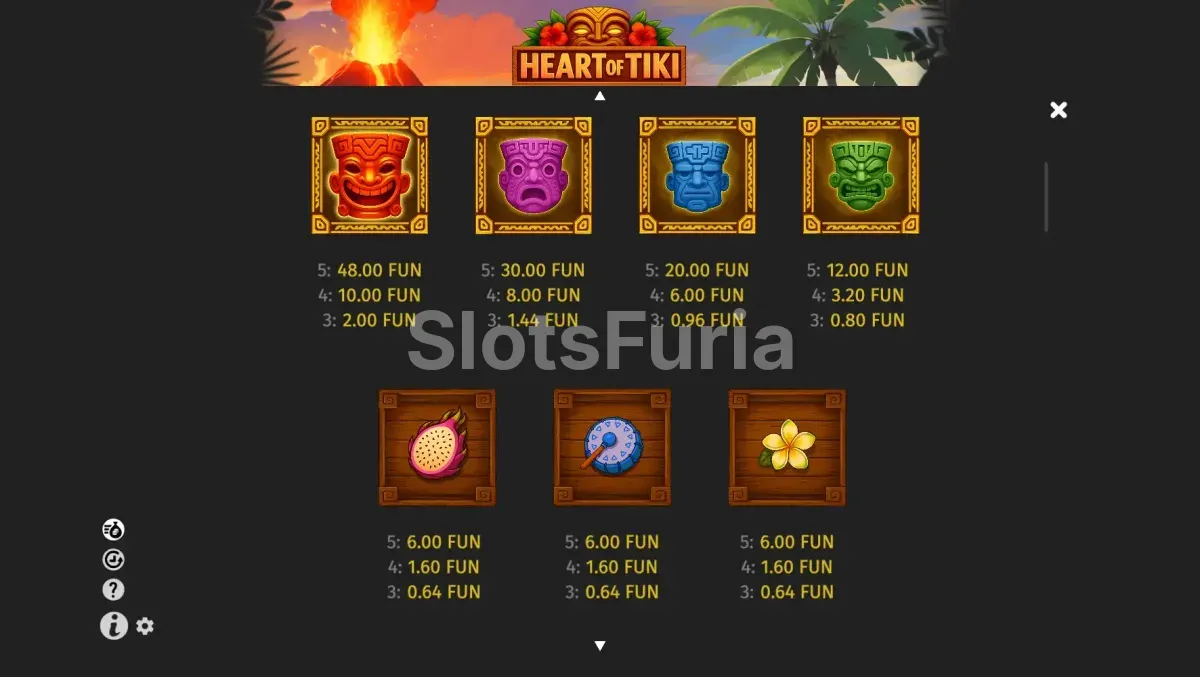 Tabla de pagos detallada de Heart of Tiki BGaming