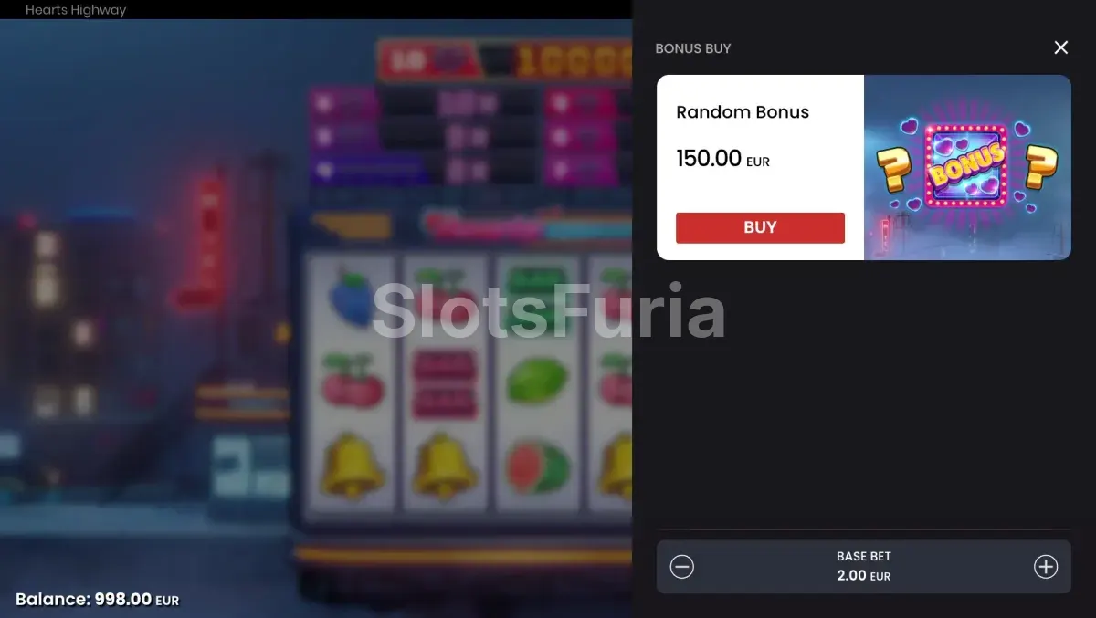 Pantalla de compra de bonus de Hearts Highway con sus opciones