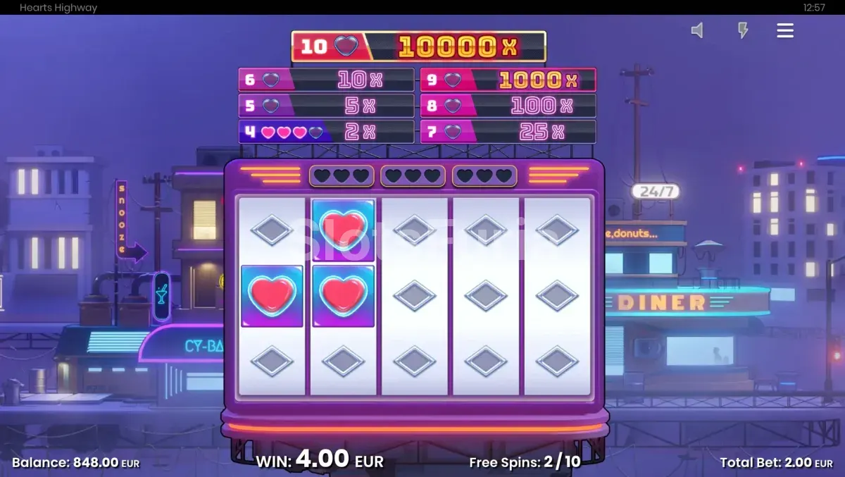 Feature de tiradas gratuitas de Hearts Highway con corazones dorados activos