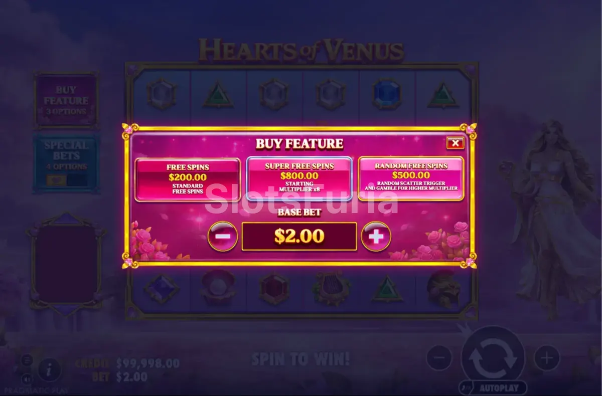Pantalla de compra de bonus en Hearts of Venus de Pragmatic Play