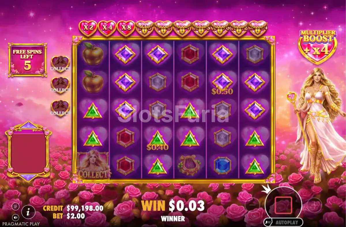 Ronda de giros gratuitos activa en Hearts of Venus con multiplicadores progresivos