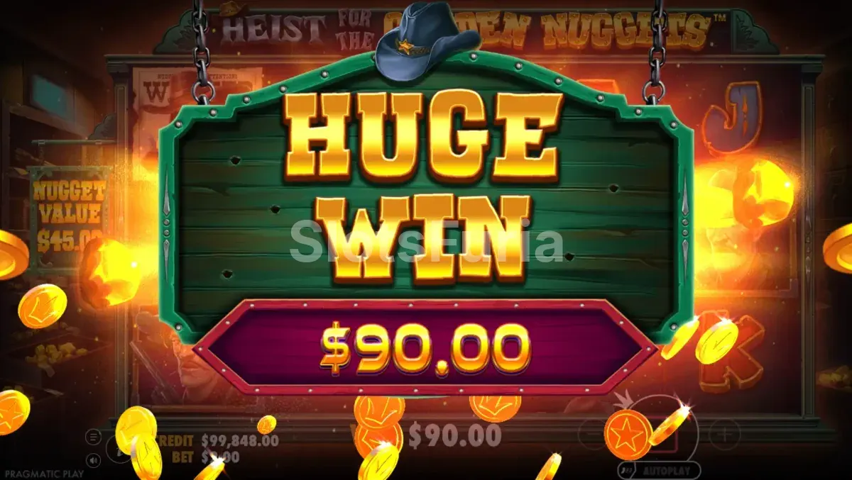 Gran victoria en Heist for the Golden Nuggets mostrando el multiplicador máximo