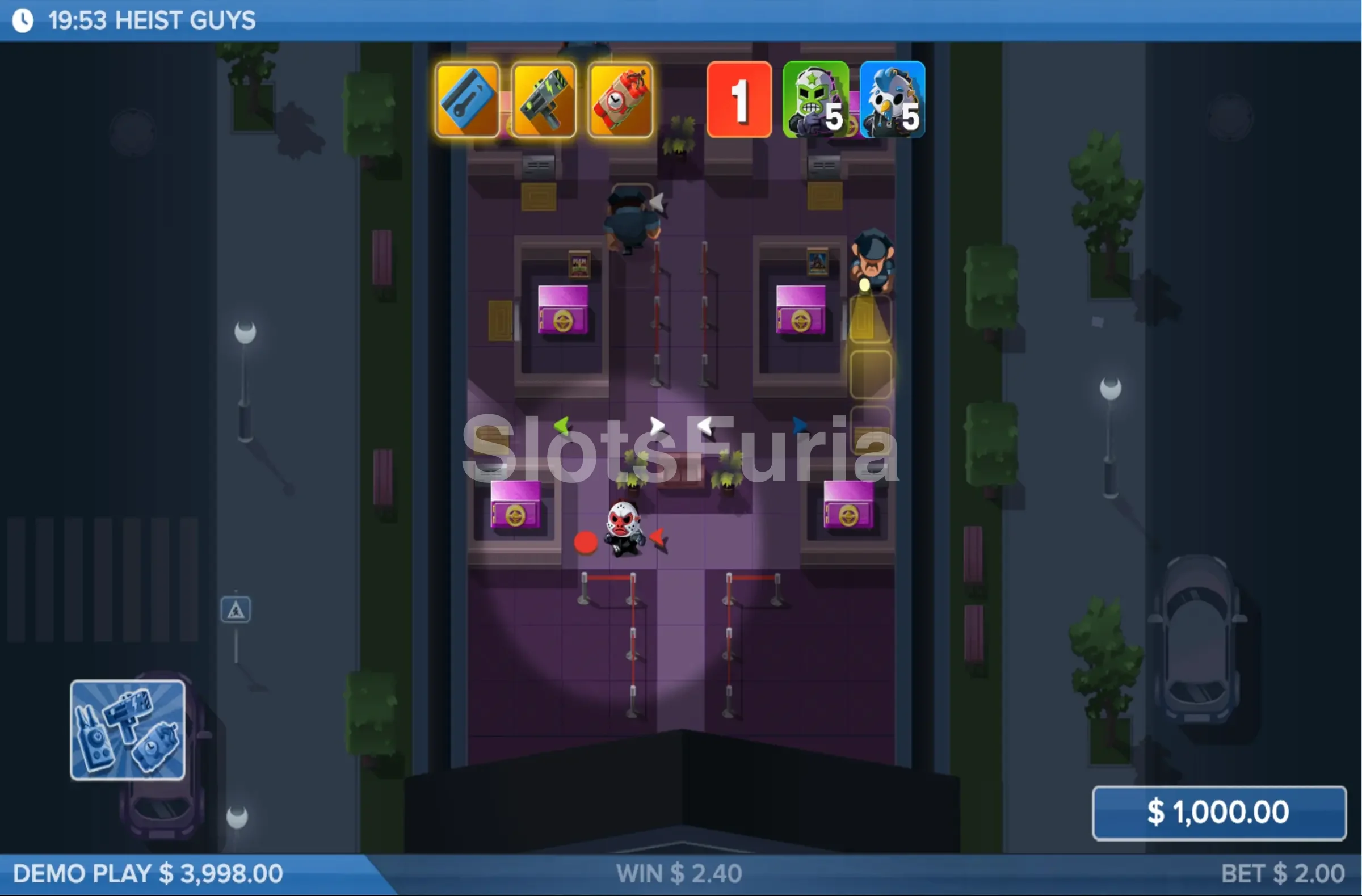 Ronda de giros gratis activa en Heist Guys con multiplicadores en pantalla