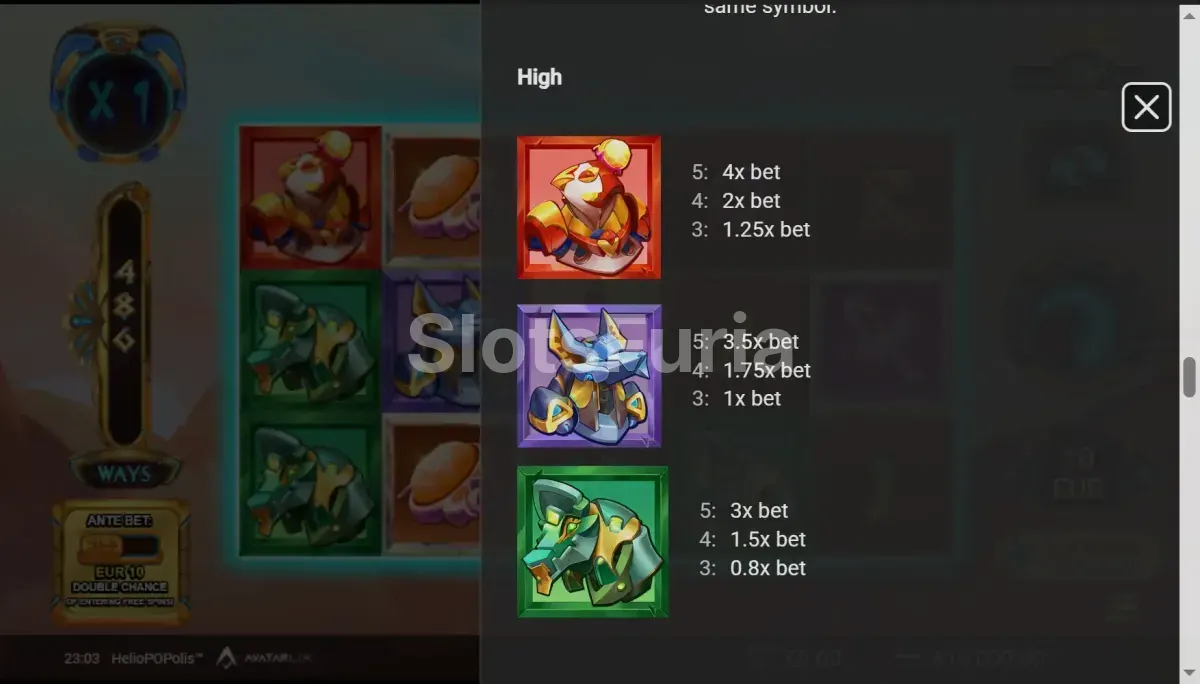 Tabla de pagos de HelioPOPolis con los valores de los símbolos