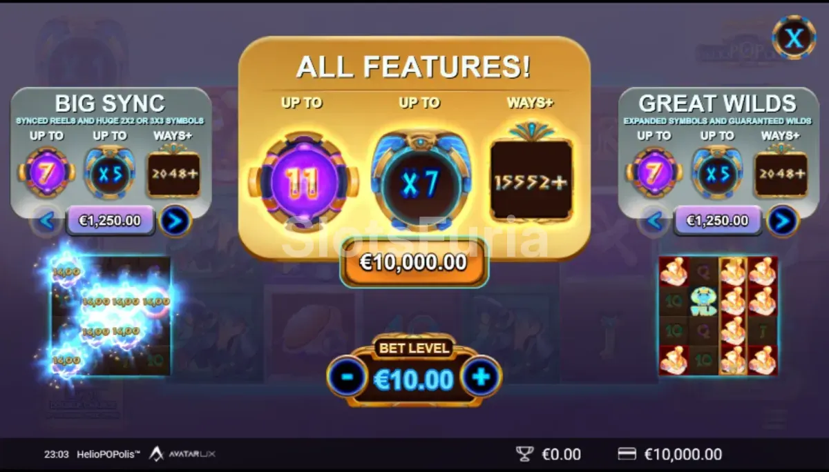 Pantalla de compra de bonus en HelioPOPolis con las opciones disponibles