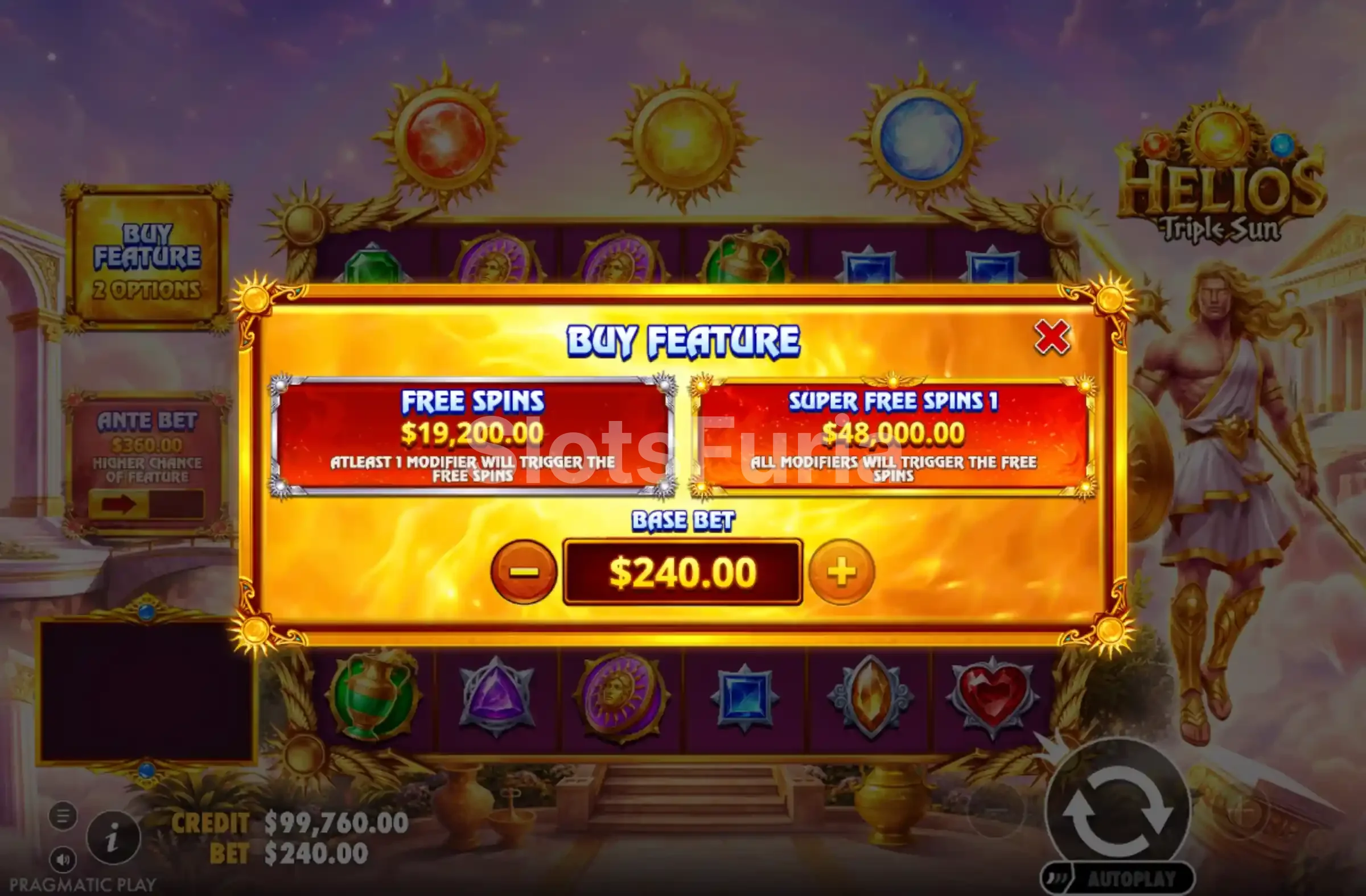 Pantalla de compra de bono de Helios Triple Sun