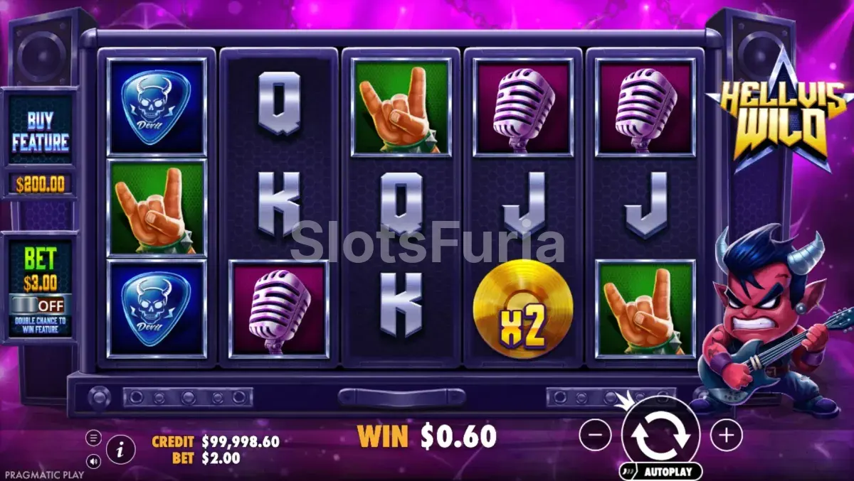 Pantalla principal del juego Hellvis Wild con los rodillos en acción