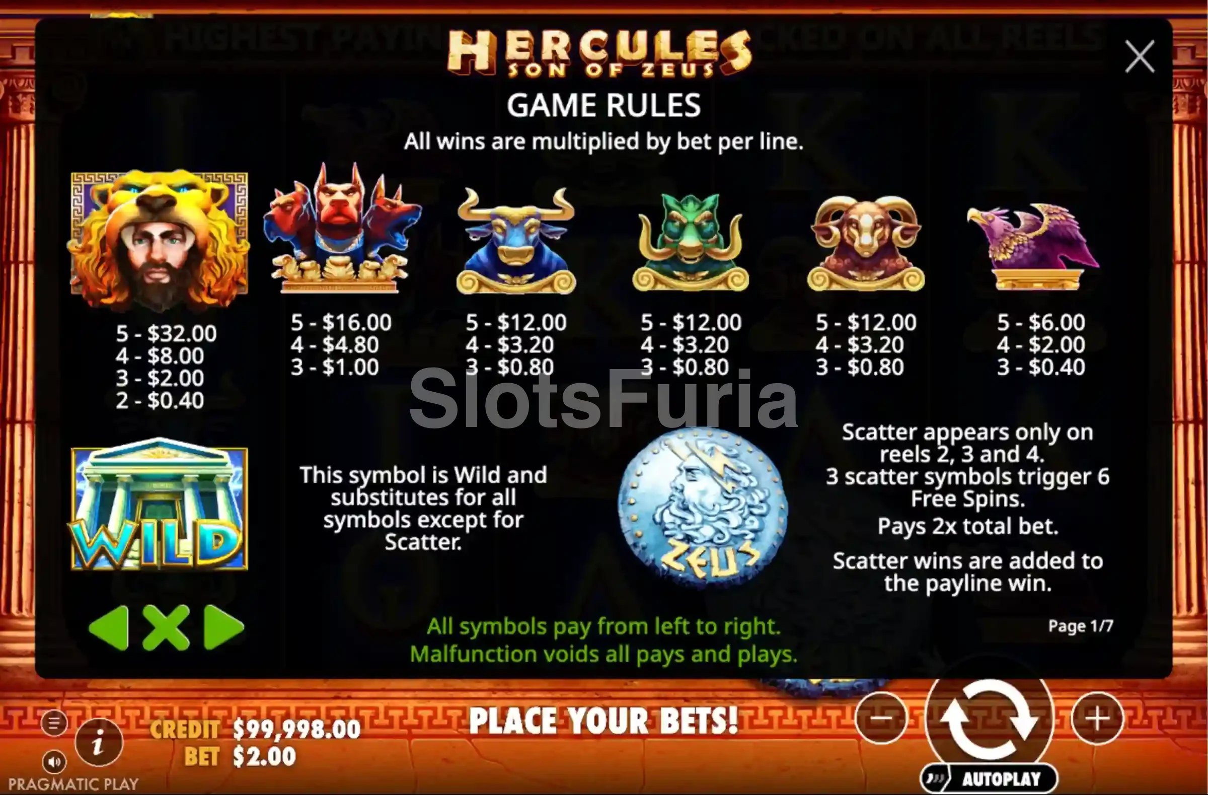 Tabla de pagos completa de Hercules Son of Zeus por Pragmatic Play