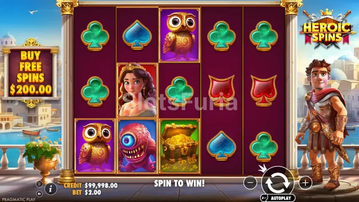 Pantalla principal del juego Heroic Spins en acción