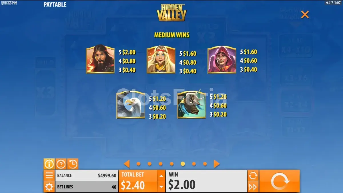 Tabla de pagos de Hidden Valley mostrando los valores de cada símbolo