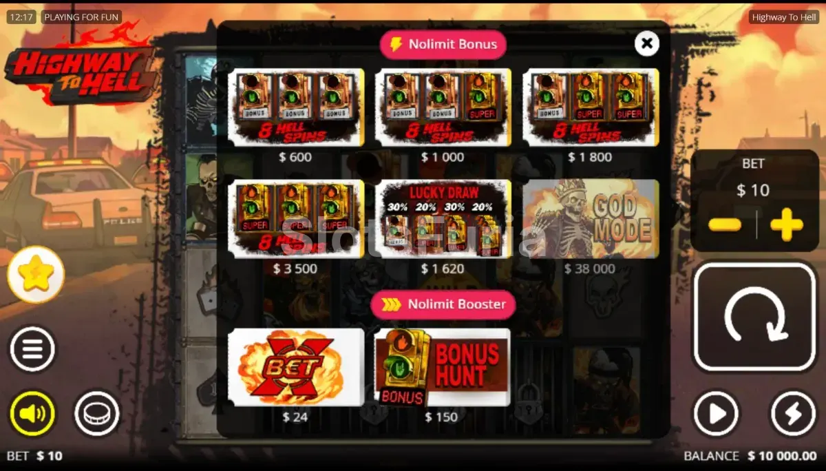 Menú de compra de bono de Highway to Hell con sus seis opciones