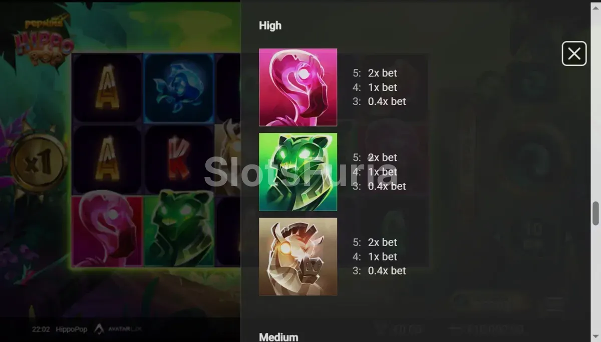 Tabla de pagos de HippoPop mostrando los valores de cada símbolo