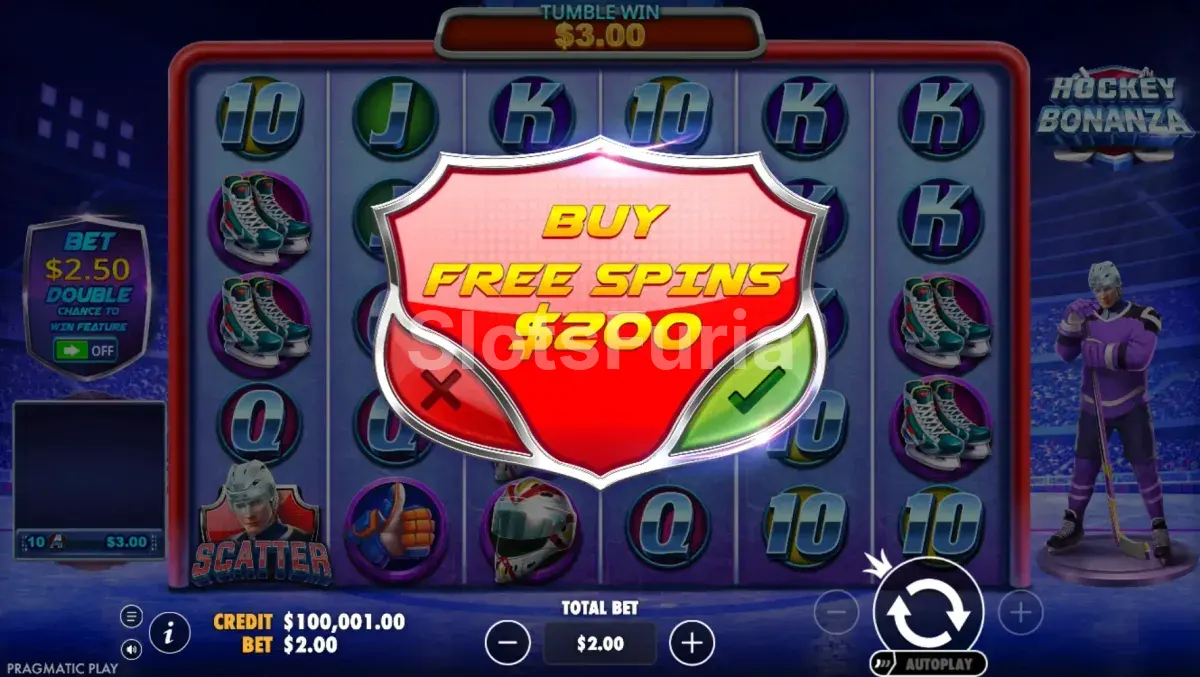 Pantalla de compra de bonus en Hockey Bonanza de Pragmatic Play