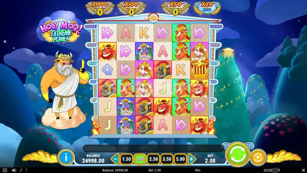 Pantalla principal de Holy Moo! Extreme Power con la cuadrícula de vacas divinas