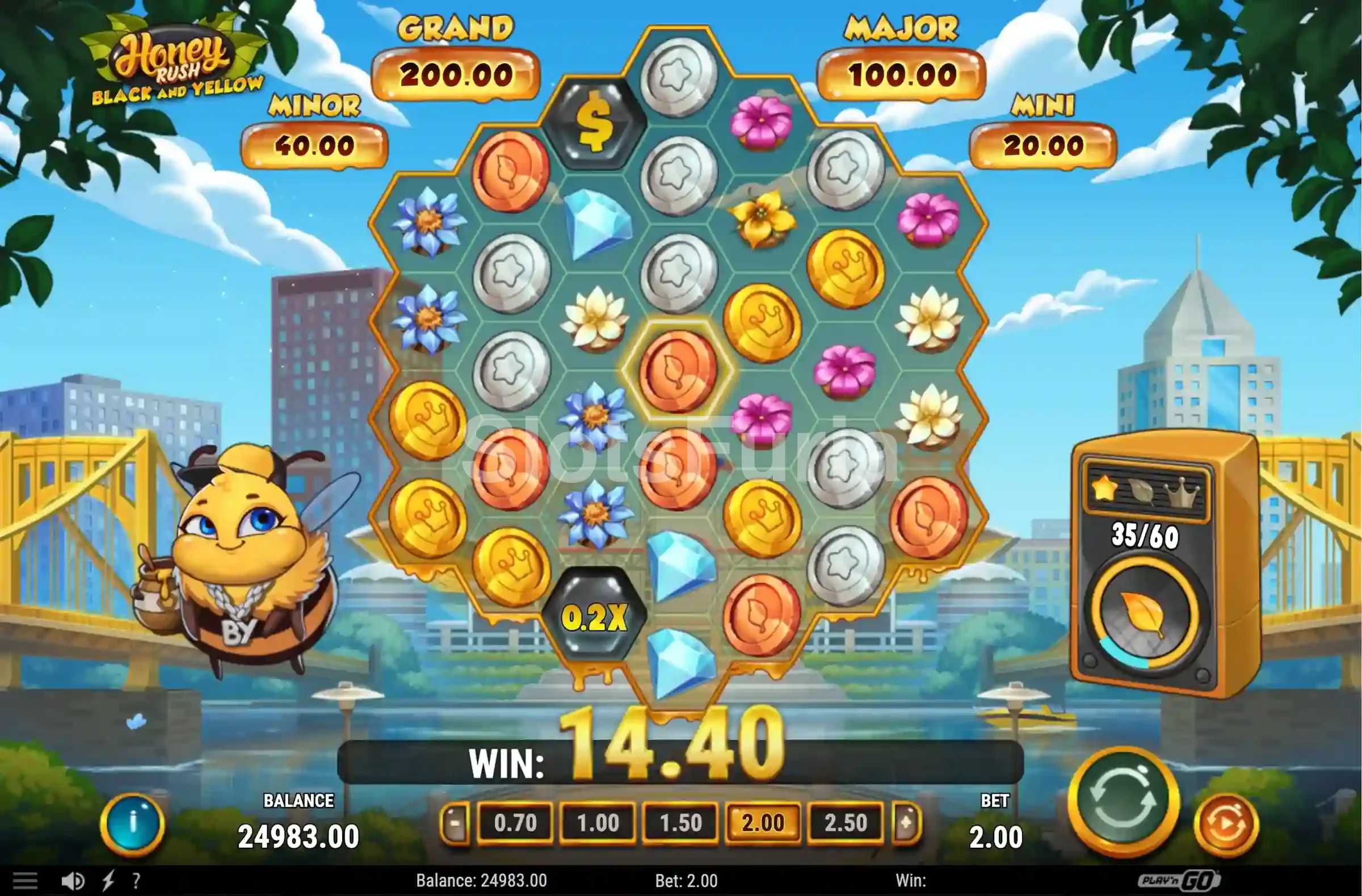 Pantalla de giros gratuitos activados en Honey Rush Black and Yellow