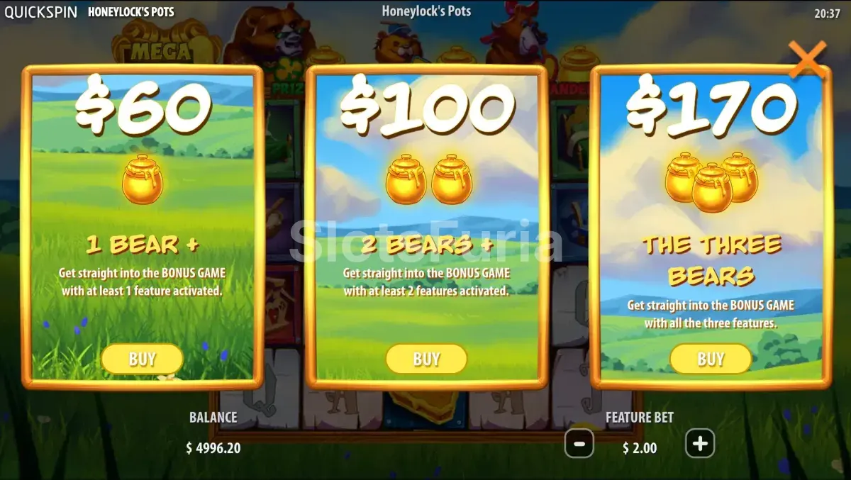 Pantalla de compra de bonus en Honeylock's Pots