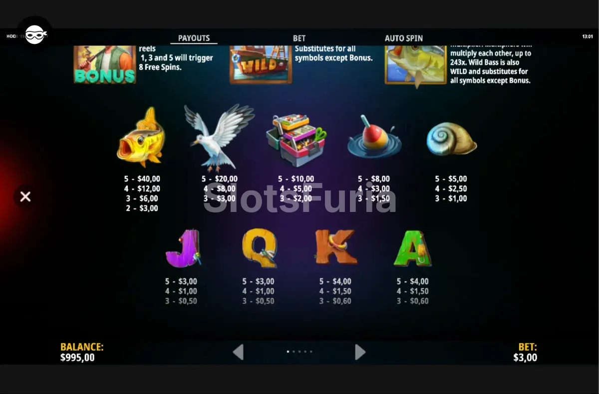 Tabla de pagos de Hook 'Em Up Frenzy con todos los símbolos y valores