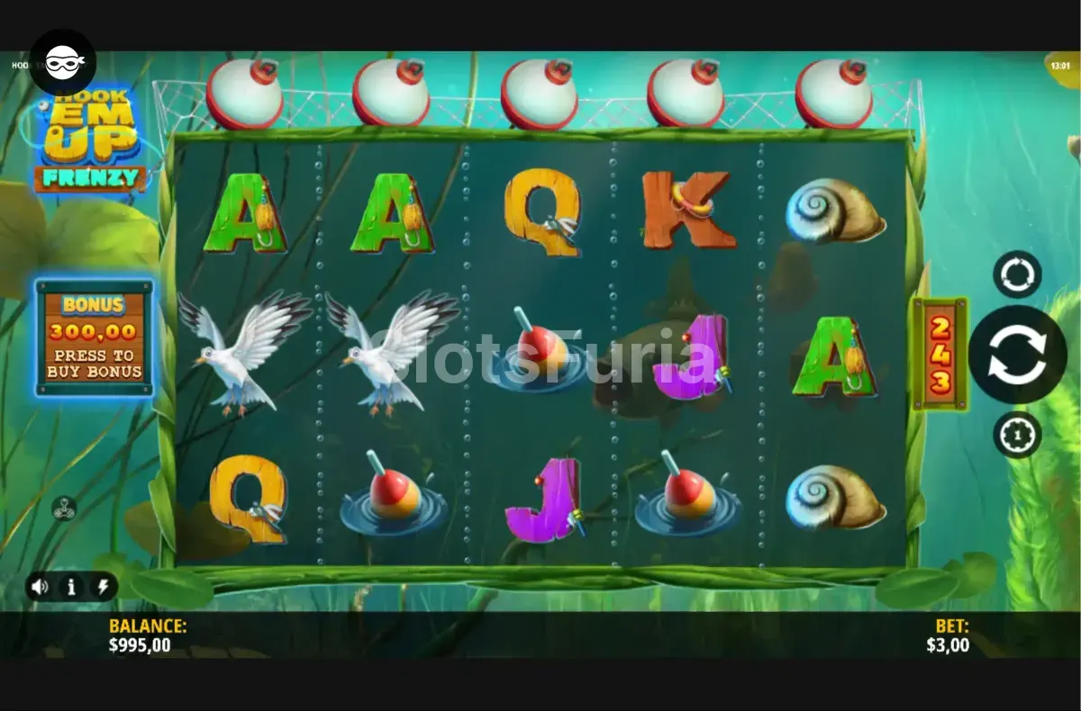 Juego base de Hook 'Em Up Frenzy con los cinco carretes activos