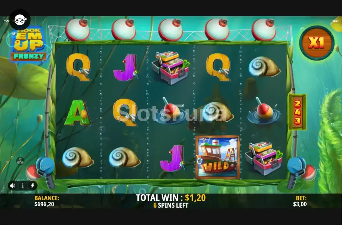 Ronda de giros gratis activada en Hook 'Em Up Frenzy con multiplicadores