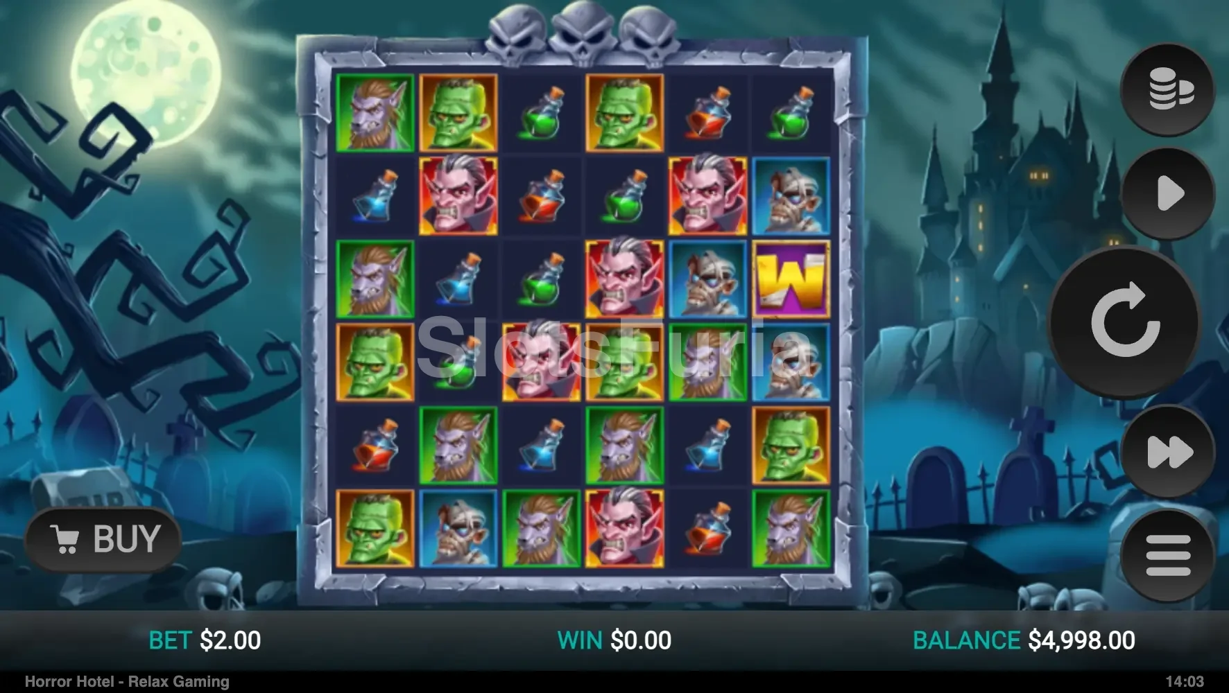 Pantalla principal del juego Horror Hotel con su tablero de 6x6