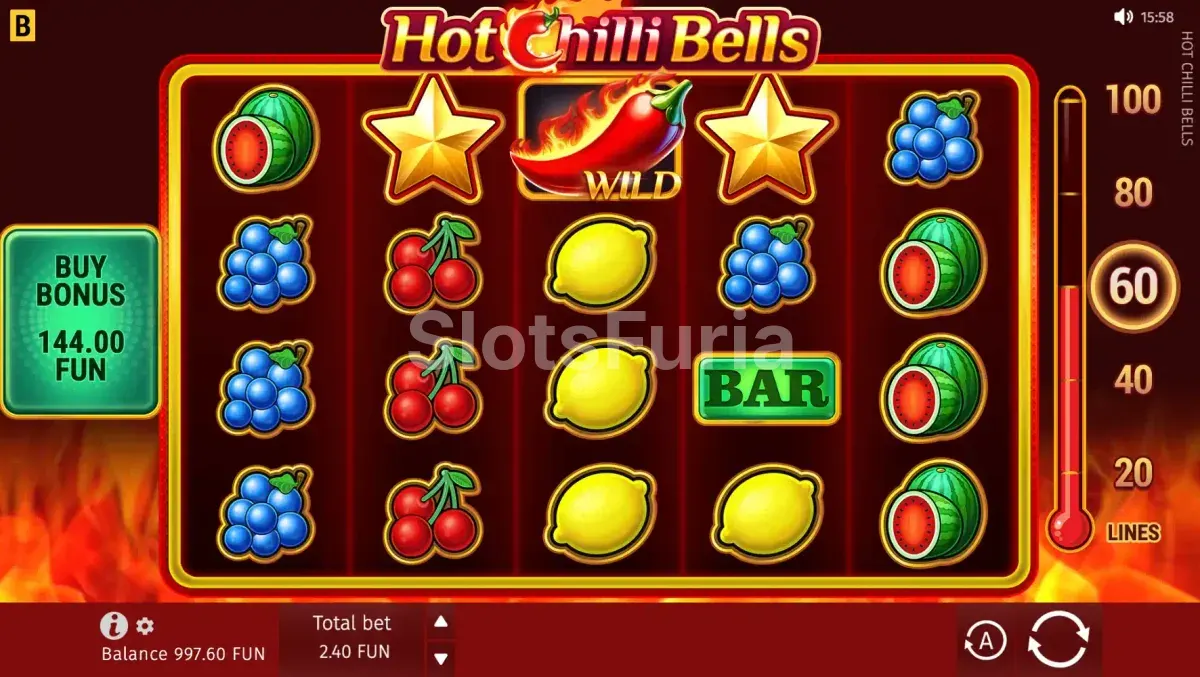 Juego base de Hot Chilli Bells con sus cinco rodillos y cuatro líneas activas
