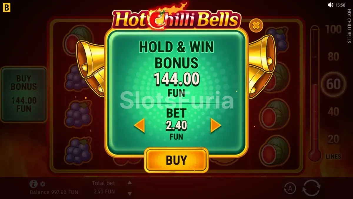 Pantalla de compra de bonus en Hot Chilli Bells de BGaming